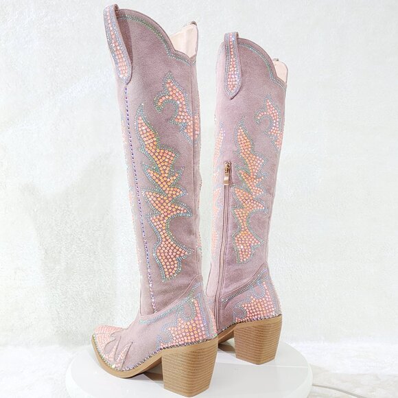 Sparks Country Western Cowgirl Knee Boots Dazzleing Iridescent Rhinestones Pink
